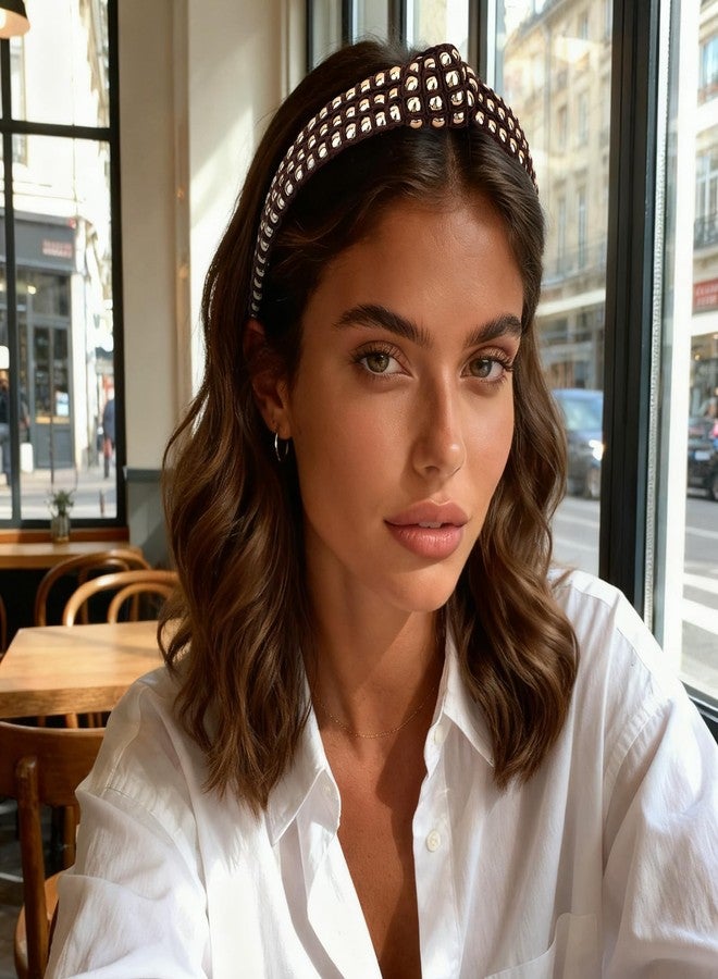 ييسيون طوق رأس YISSION مزين باللؤلؤ، طوق رأس عريض للنساء، طوق رأس مرصع بالجواهر مانع للانزلاق، إكسسوارات شعر للنساء والفتيات (بني مع خرز ذهبي) - Image 5